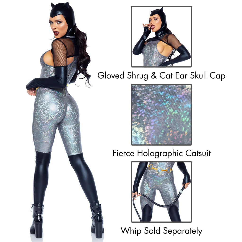 4 Pc Feline Felon, Includes Holographic Catsuit With Boot Detail, Fishnet Gloved Shrug, Cat Ear Skull Cap, And Belt.