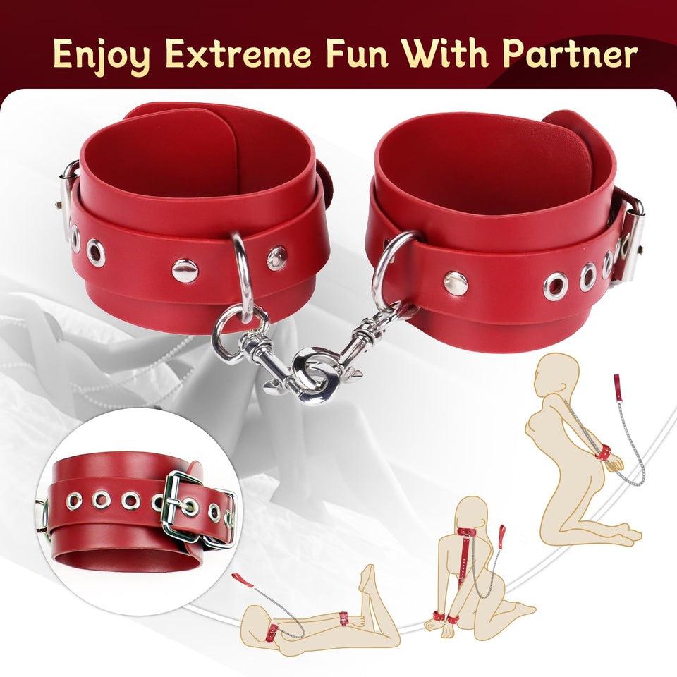 BDSM Bondage Sex Restraints Set Couples Sex Toys, Neck to Wrist Restraints Kit with Traction Chain Back Sex Handcuffs Collar Adj