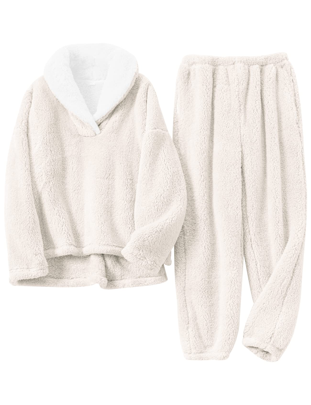 Gihuo Women s Fluffy Pajamas Set Fleece Pullover Pants Loose Plush Sleepwear 2 Piece Pjs Set Warm Loungewear Fuzzy(Beige-XL)