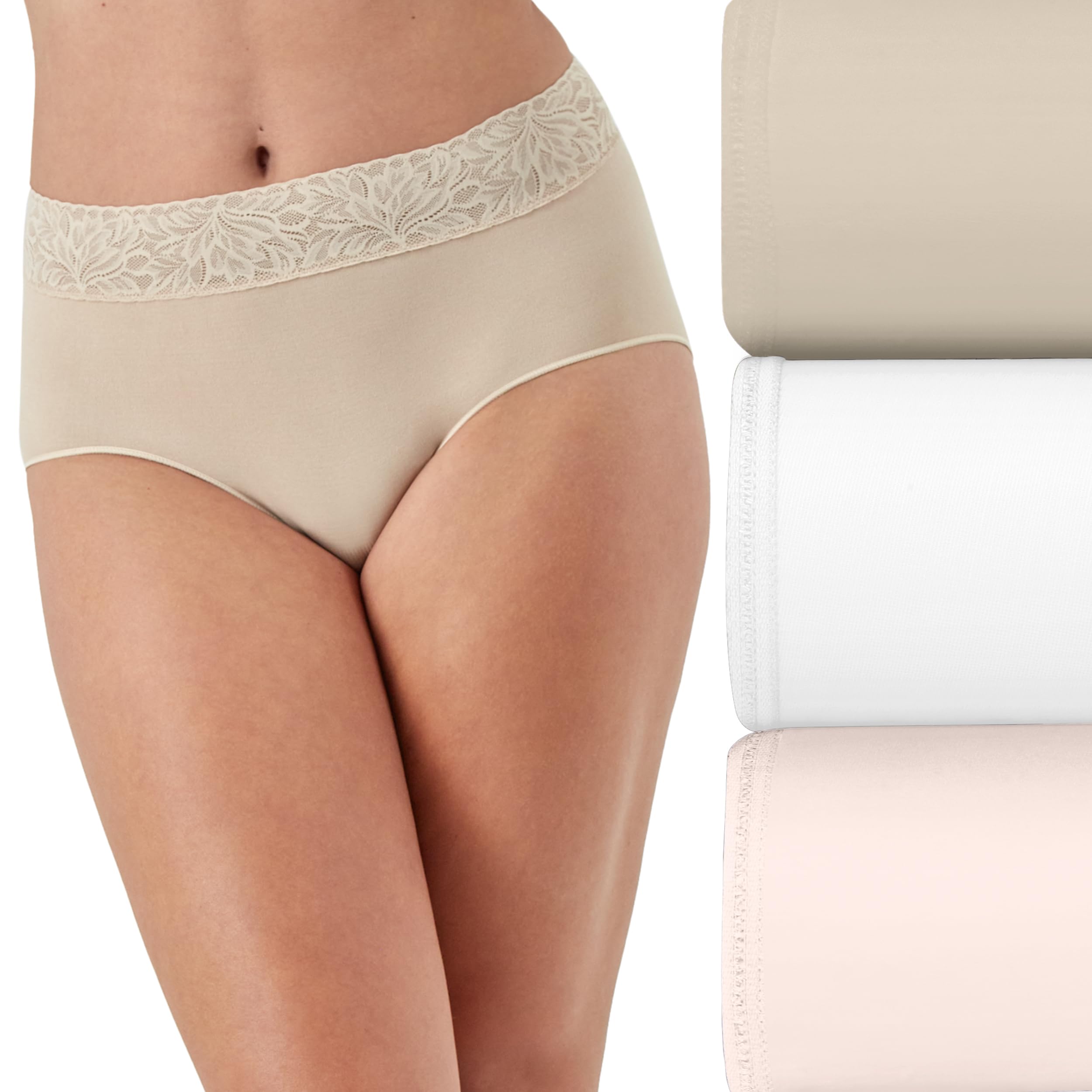 Bali Womens Brief Underwear 3-Pack, Modern Seamless Brief Panties with Lace Trim