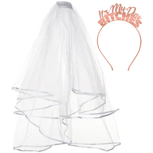 RhinestoneSash Bride Headband and Veil - Set of 2: rose gold It's my day bitches & short white tulle Veil - funny Bachelorette P