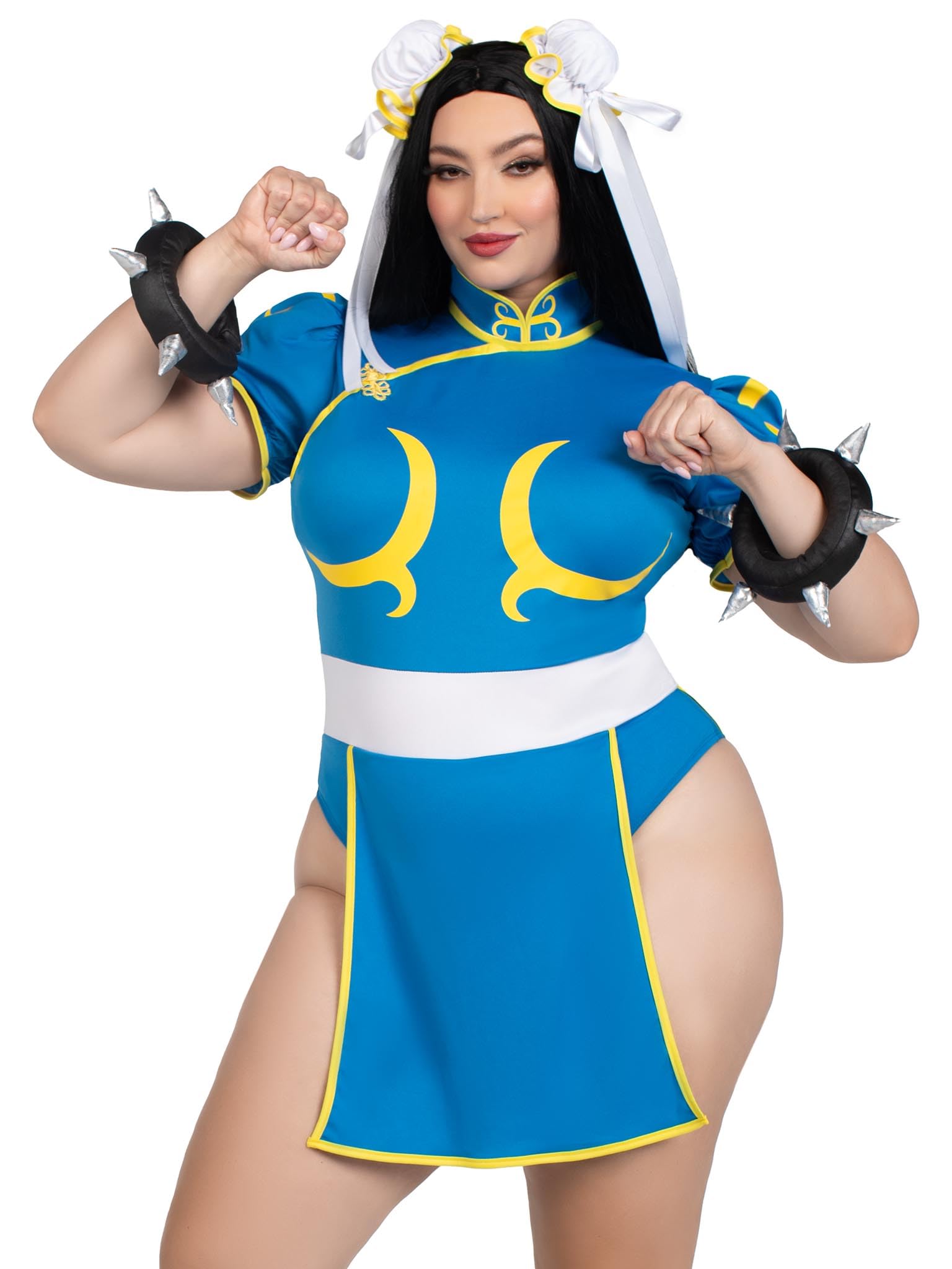 3 Pc Chun-Li, Includes Bodysuit Dress With Signature Character Detail, Bun Covers With Ribbon Accents, And Spiked Wrist Cuffs.