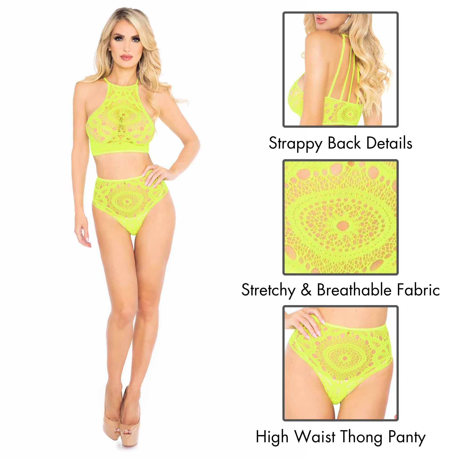 2Pc Crochet Lace Halter Crop T - Med/Lge / Neon Yello