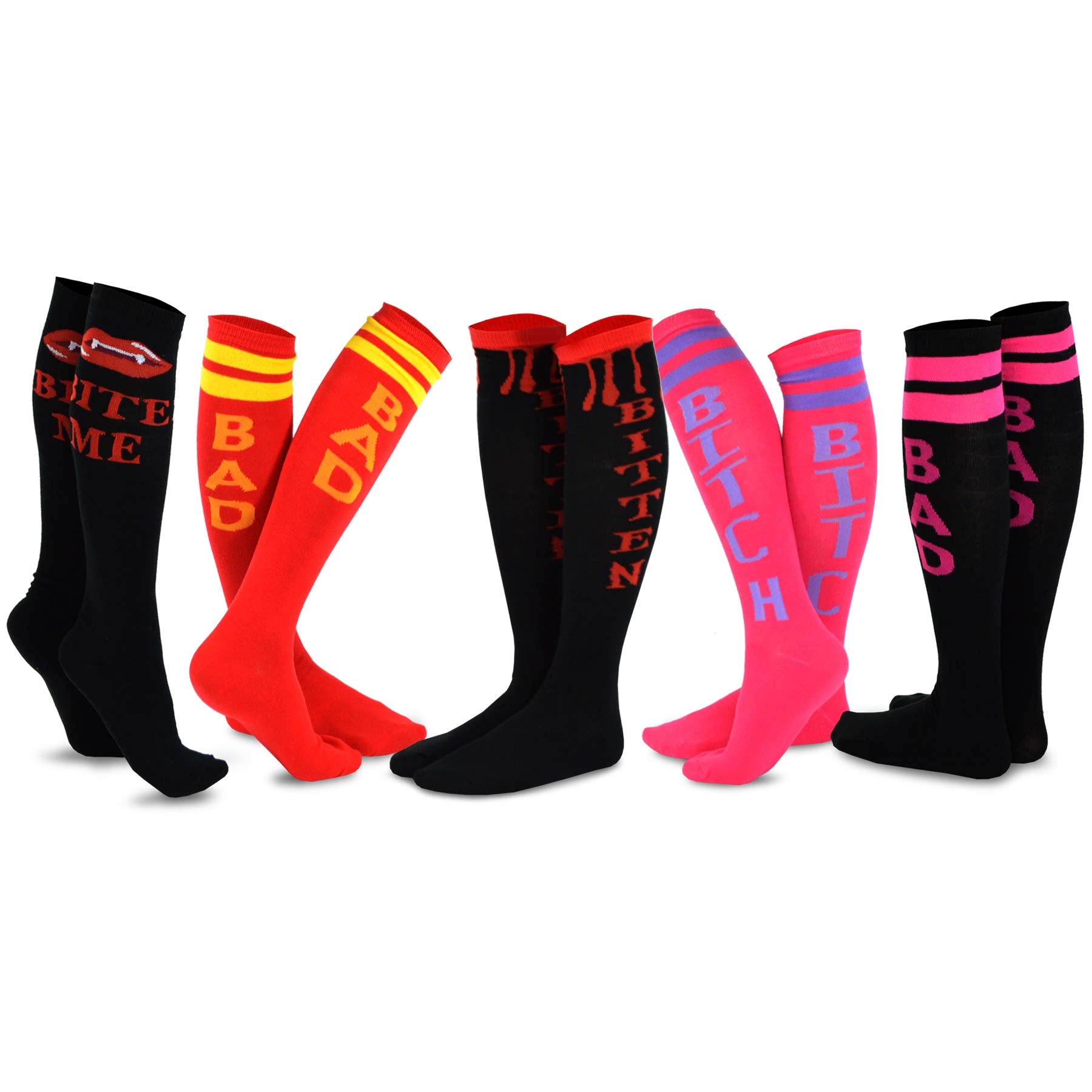 TeeHee Novelty Fun Knee High Socks for Women and Junior Halloween 5-Pair (Scarry Vampire Bad Attitude)