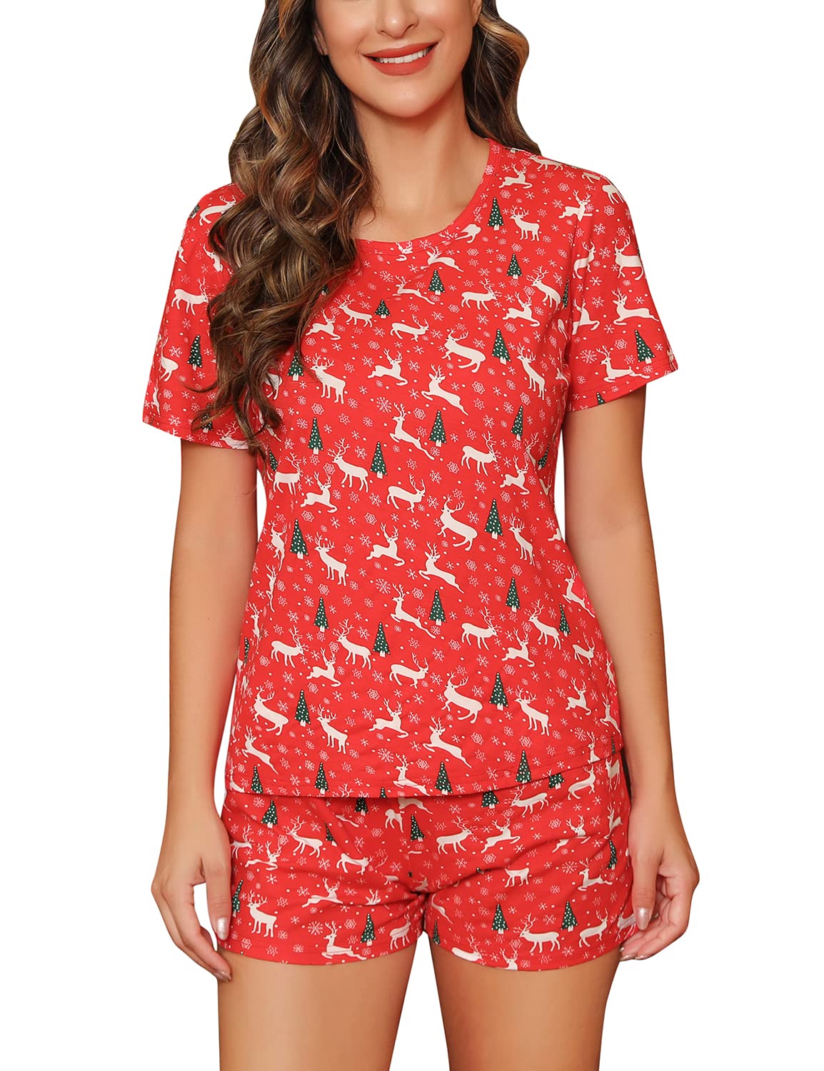 EISHOPEER Women s Short Christmas Pajamas Cute Print Tee and Shorts Sleepwear Pjs Sets Red L