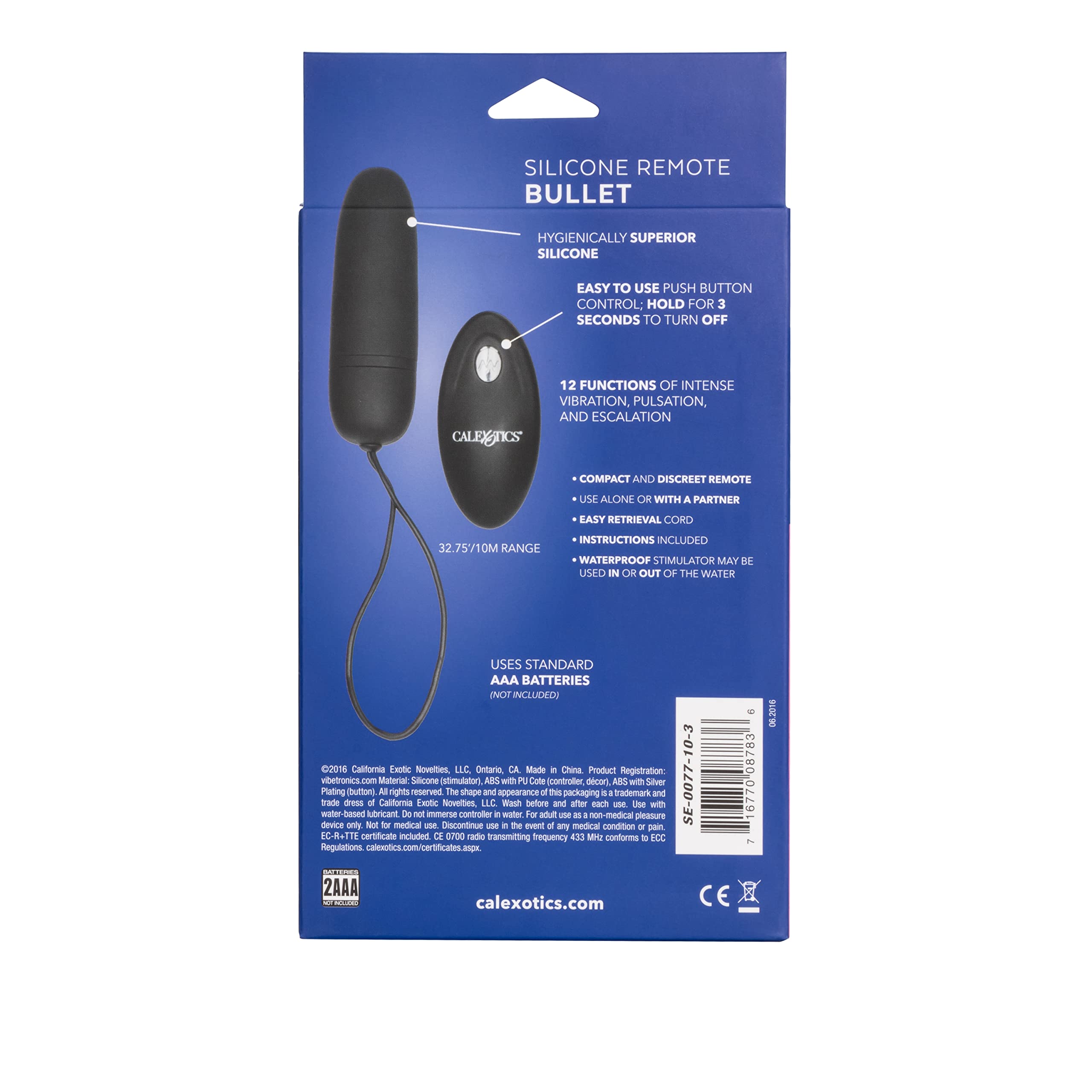 Calexotics Silicone Remote Bullet Vibrator, Waterproof 12-Functions Silicone Massager With Easy Retrieval Cord Black Se-0077-10-