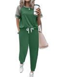 Ekouaer Lounge Sets for Women Two Piece Pajama Set Short Sleeve Crewneck Jogger Outfits and Sweatpants Tracksuit Green