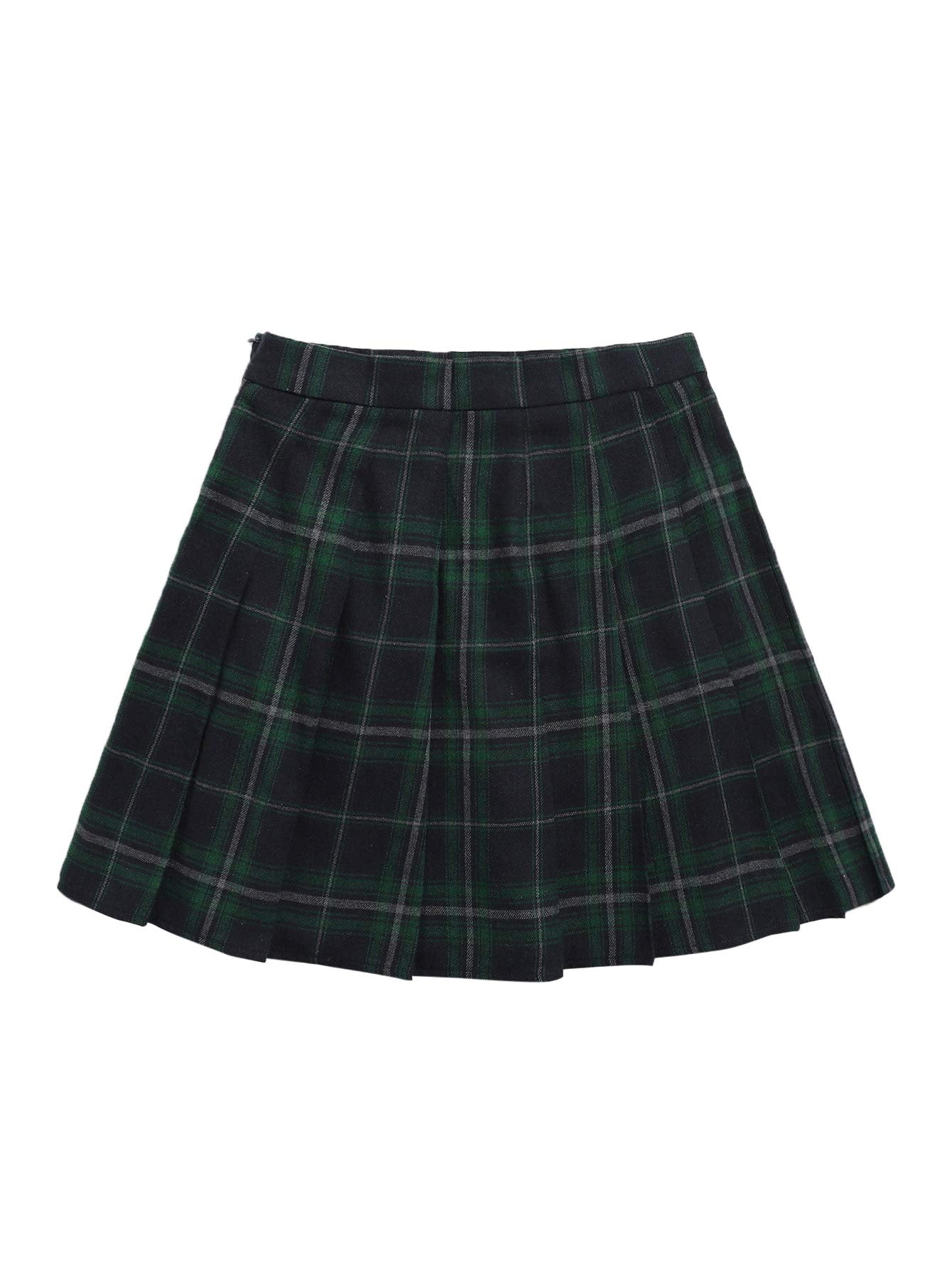 WDIRARA Womens Casual Plaid High Waist Pleated A-Line Mini Skirt Green Tartan XS