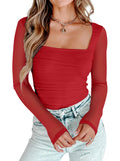 AGECODE Womens Square Neck Mesh Long Sleeve Bodysuit Shirts Ruched Body Suit Leotard Tops Red Large