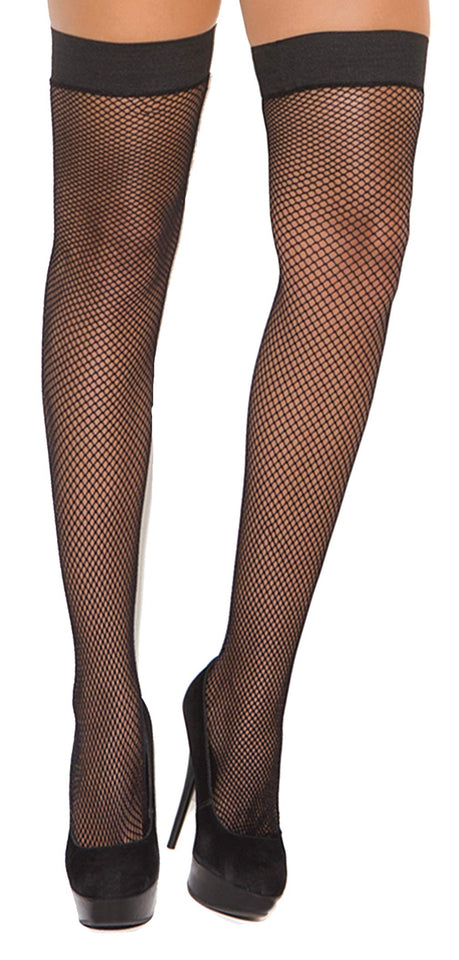 Elegant Moments Womens Plus Fishnet Thigh Hi With Stay Up Silicone Top, Black, One Size