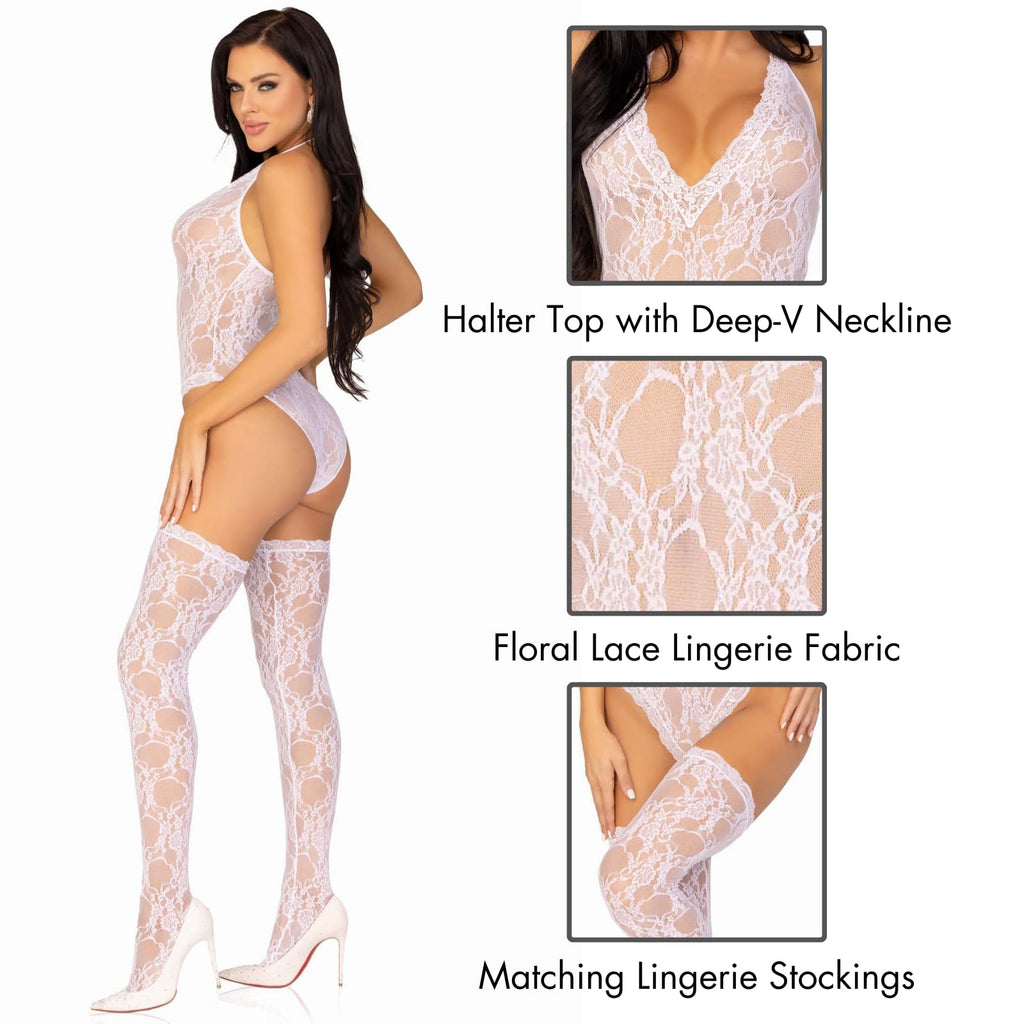 2PC.Floral lace deep-V teddy a