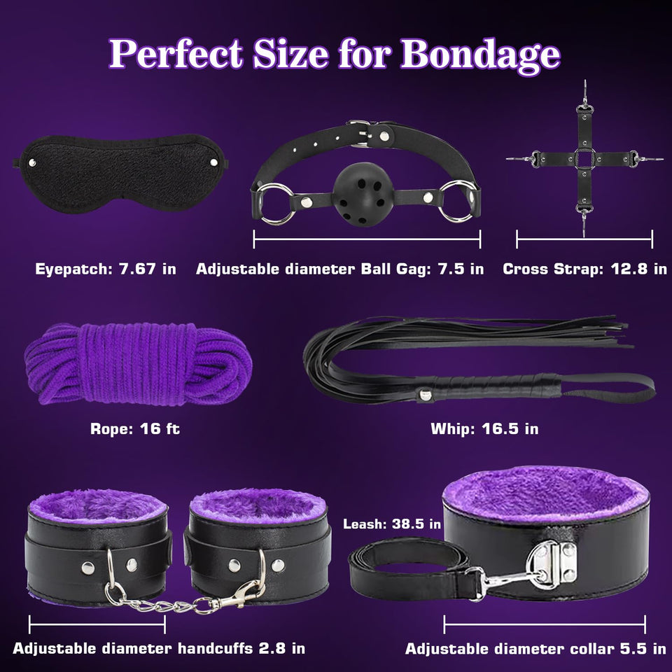BDSM Sex Bondage Kit Restraints - 12PCS Sets with Adjustable Handcuffs Collar Ankle Cuff Blindfold Feather Tickler Anal Plug Adu