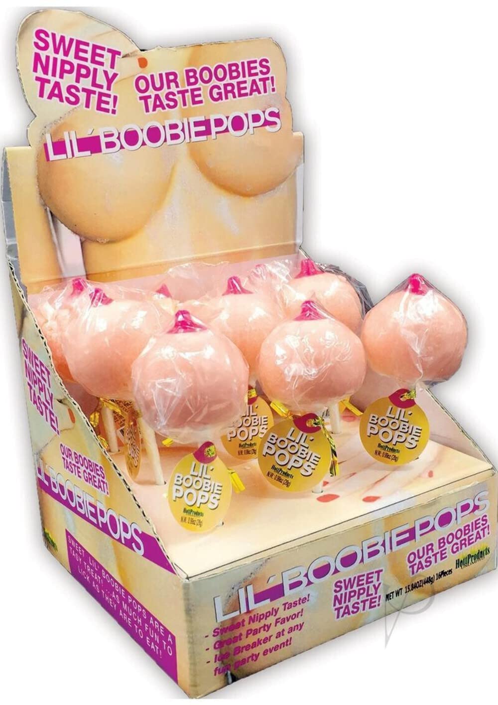 Hott Products Lil Pops Boobie Shaped Candy Lollipops, Strawberry, Beige and Pink, 1.15 Pound
