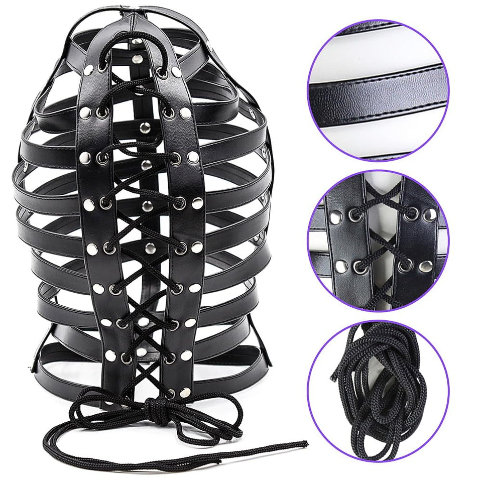 Sex Factory Bondage Hood,BDSM Adjustable Leather Mask Fetish SM Cosplay Masquerade Head Mask Sex Toy for Men Women Couples