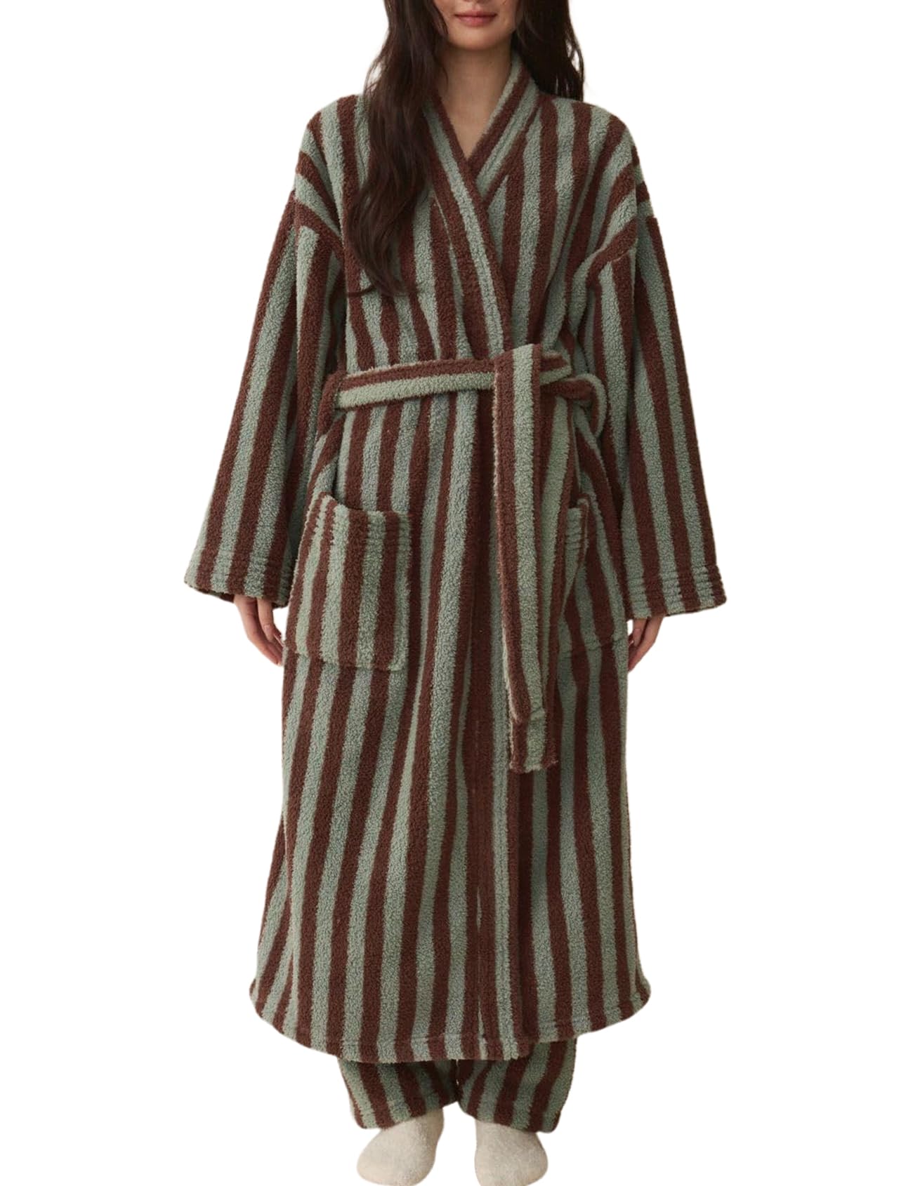 Arssm Womens Striped Fluffy Robe Long Plush Bathrobes Fuzzy Warm Cozy Thick Loungewear Maxi Robe(Khaki-S)