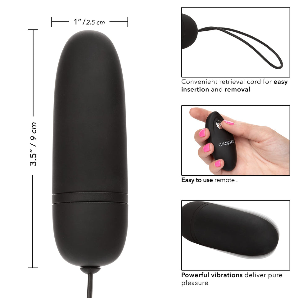 Calexotics Silicone Remote Bullet Vibrator, Waterproof 12-Functions Silicone Massager With Easy Retrieval Cord Black Se-0077-10-