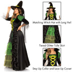 3 Pc.Storybook Witch,Dress With Tiered Glitter Tulle,Hat W/Veil And Long Petticoat Med/Lge Black/Green