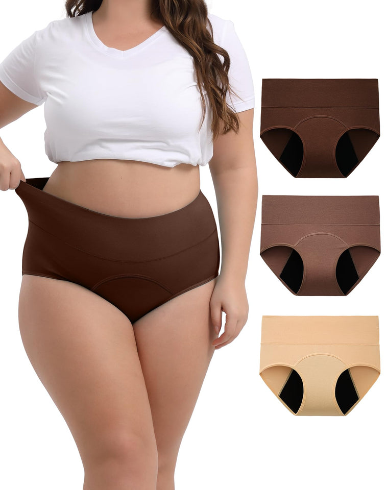 INNERSY Period Underwear for Women High Waisted Leak-Proof Postpartum Menstrual Panties 3-Pack (Coffee Gradient, Medium)