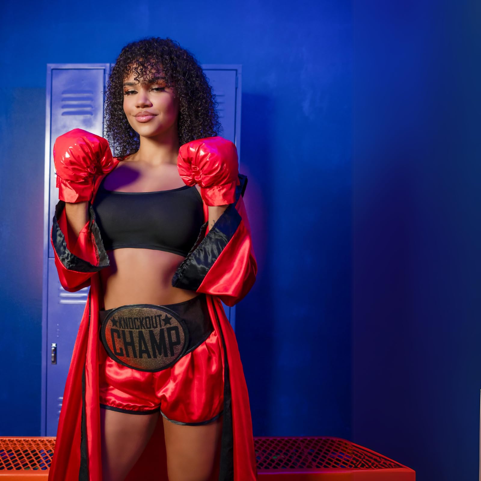 5 Pc Knockout Champ, Includes Crop Top, Shorts, Satin Hooded Robe, Champion Belt, And Boxing Gloves.