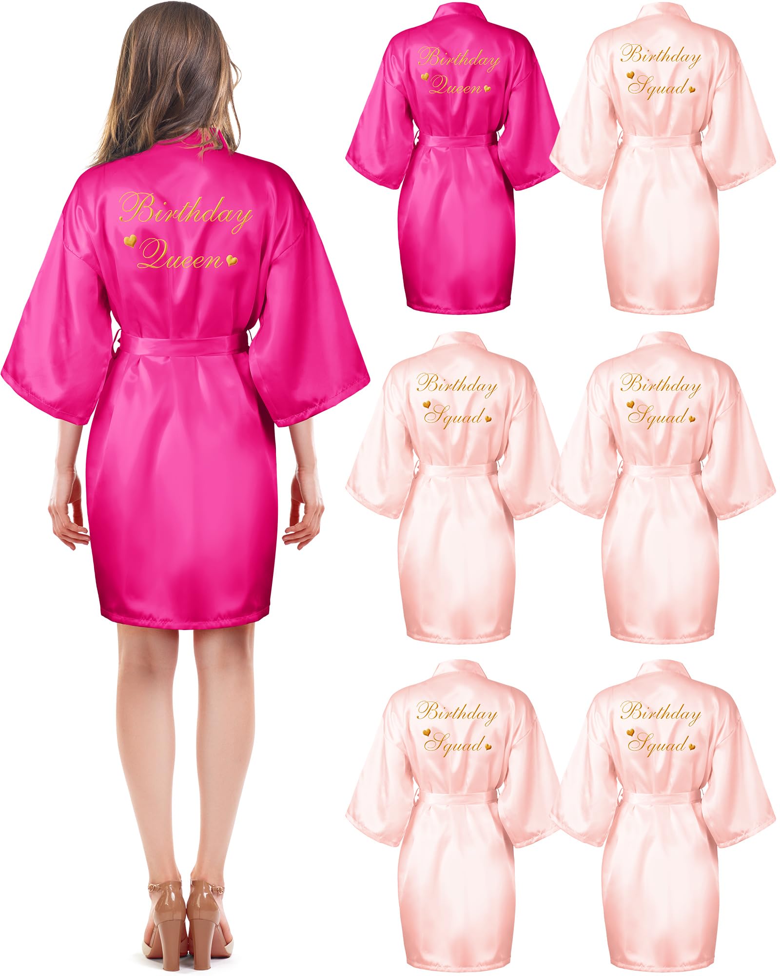 Xuhal Womens Robe (6 Pcs) - Polyester Birthday Party Kimono Set, Queen & Squad Spa Bathrobe in Rose Red & Flesh Pink for Partyg