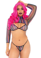 3 Pc Striped Fishnet Bikini To - O/S / Multicolor