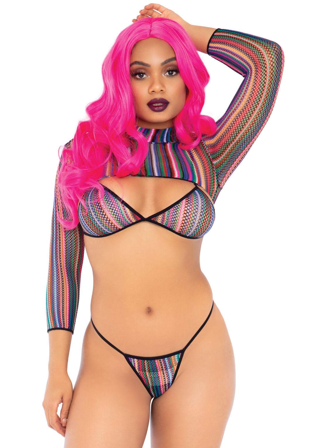 3 Pc Striped Fishnet Bikini To - O/S / Multicolor