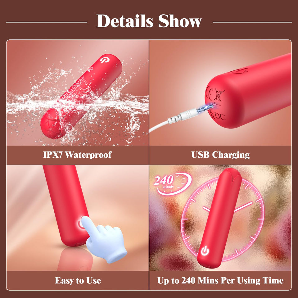 Rose Sex Toy Bullet Vibrator: Mini Vibrator Full Silicone Rose Toy for Nipple Stimulation, Lipstick Vibrator Massager Finger Vib