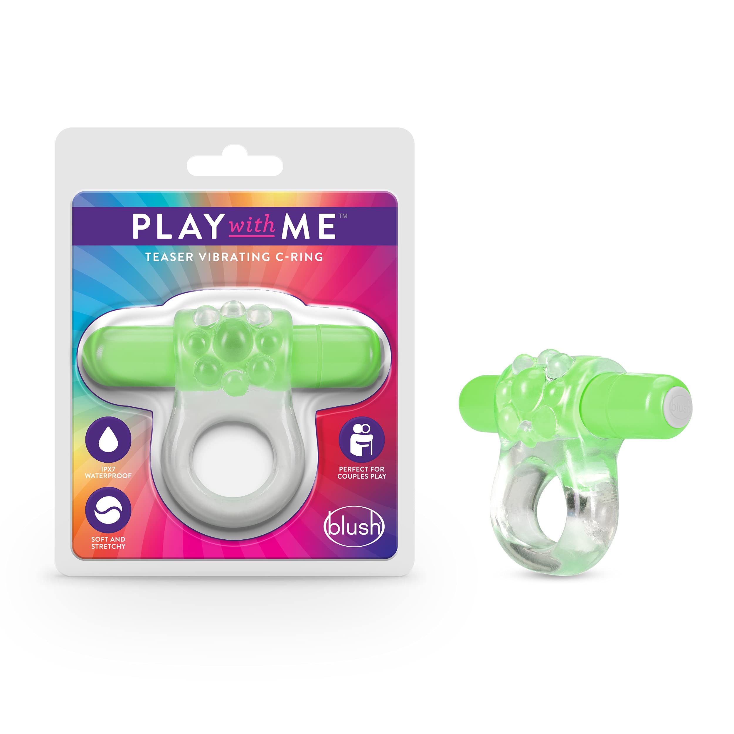 Blush Novelties Play with Teaser Vibrating C Ring - Glows in The Dark - Tickles Clitoris for Pleasure - Soft,Cushiony - Fits All
