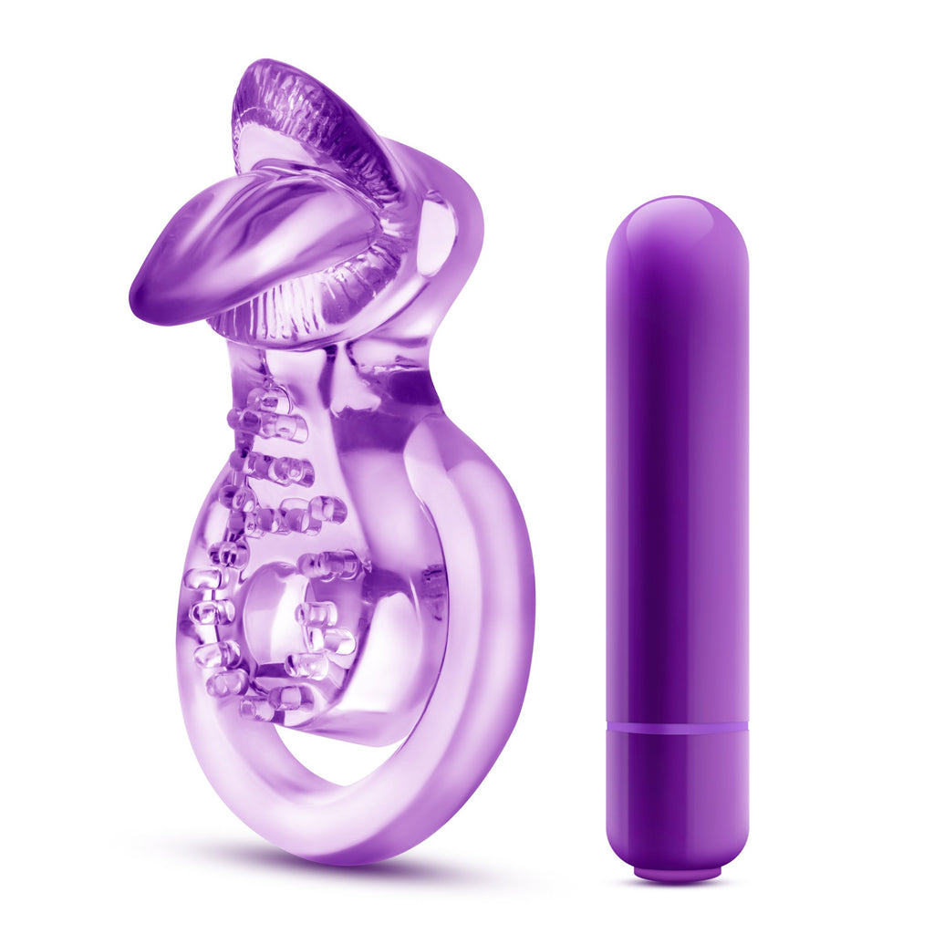 Blush Novelties Play With Me Lick It Vibrating Double Strap Stretchy C Ring - Tongue, Soft Ticklers Clitoris - Ball Strap Stretc