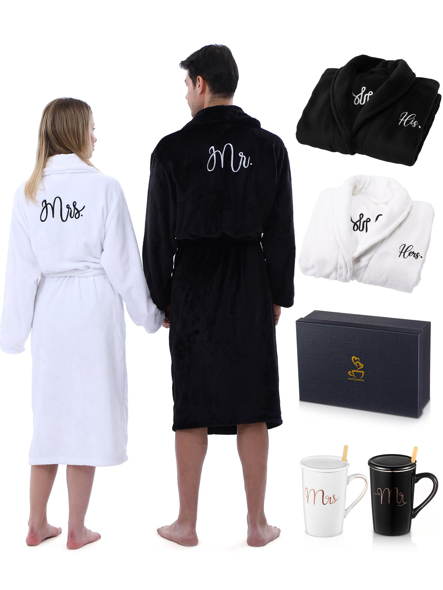Jecery 4 Pcs His and Hers Robes & Coffee Mugs Set, Mr and Mrs Bathrobes Flannel Embroidered Matching Robes Wedding Engagement Gi
