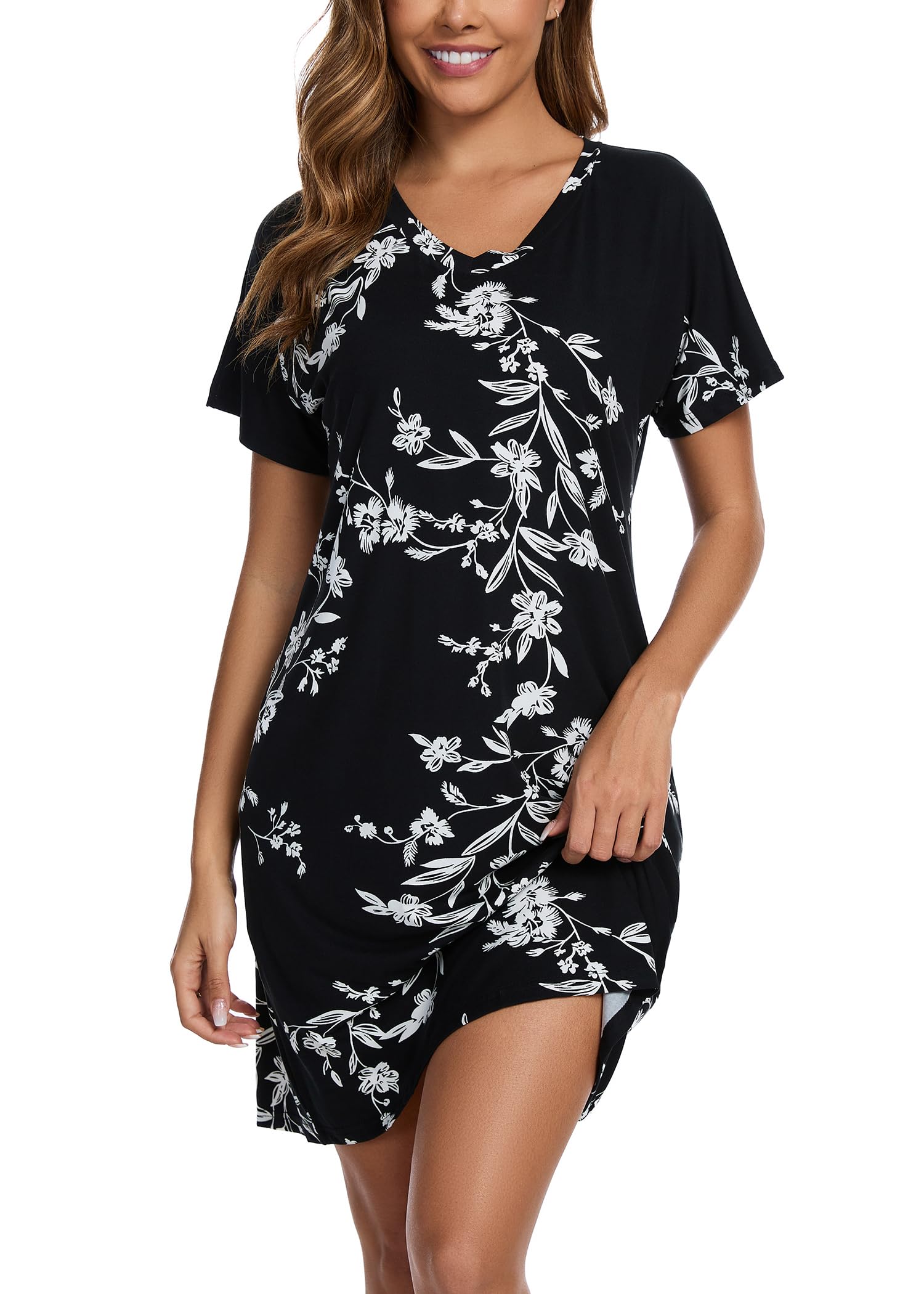 Kabento Nightgowns for Women Cotton Sleep Shirts Short Sleeve Sleepwear, Floral Black, XX-Large