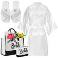 Bunnycool 4 Pcs Bridal Shower Gift Set Include Bride Robes White Slippers Canvas Tote Bag Makeup Bag for Bride Wedding Party(Siz