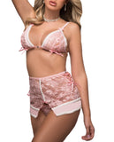 3 Pc Dreamy Laced Skirt And Open Front Bra Set -  One Size - Bubblegum Pink