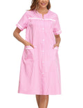 YOZLY House Dress Womens Cotton House Dress Snap Front Short Sleeve with Pockets, Stripe Pink, Medium