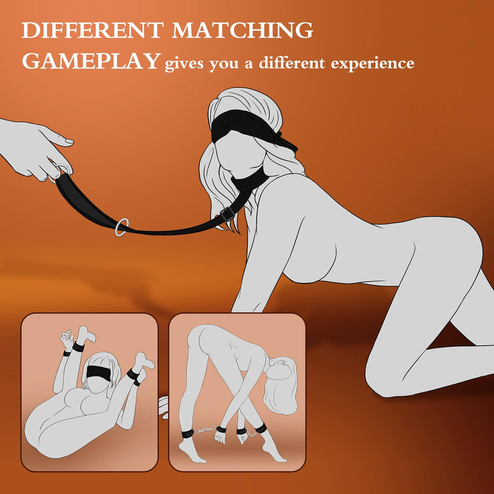 BDSM Adult Toys Bondage Kit - UTIMI Neck to Wrist Behind Back Collar Restraints with Handcuffs Ankle Cuffs Blindfold Restraint B