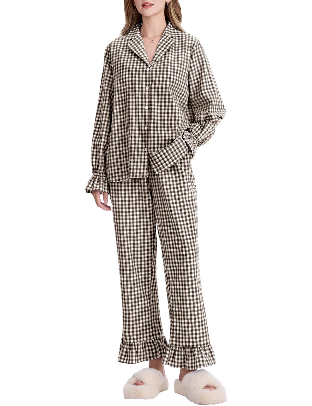 Kissonic Women Gingham Pajama Sets Cotton Long Sleeve Button Down Shirt and Pants Y2K Pjs Lounge Set Sleepwear(Coffee-L)