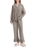 Kissonic Women Gingham Pajama Sets Cotton Long Sleeve Button Down Shirt and Pants Y2K Pjs Lounge Set Sleepwear(Coffee-S)