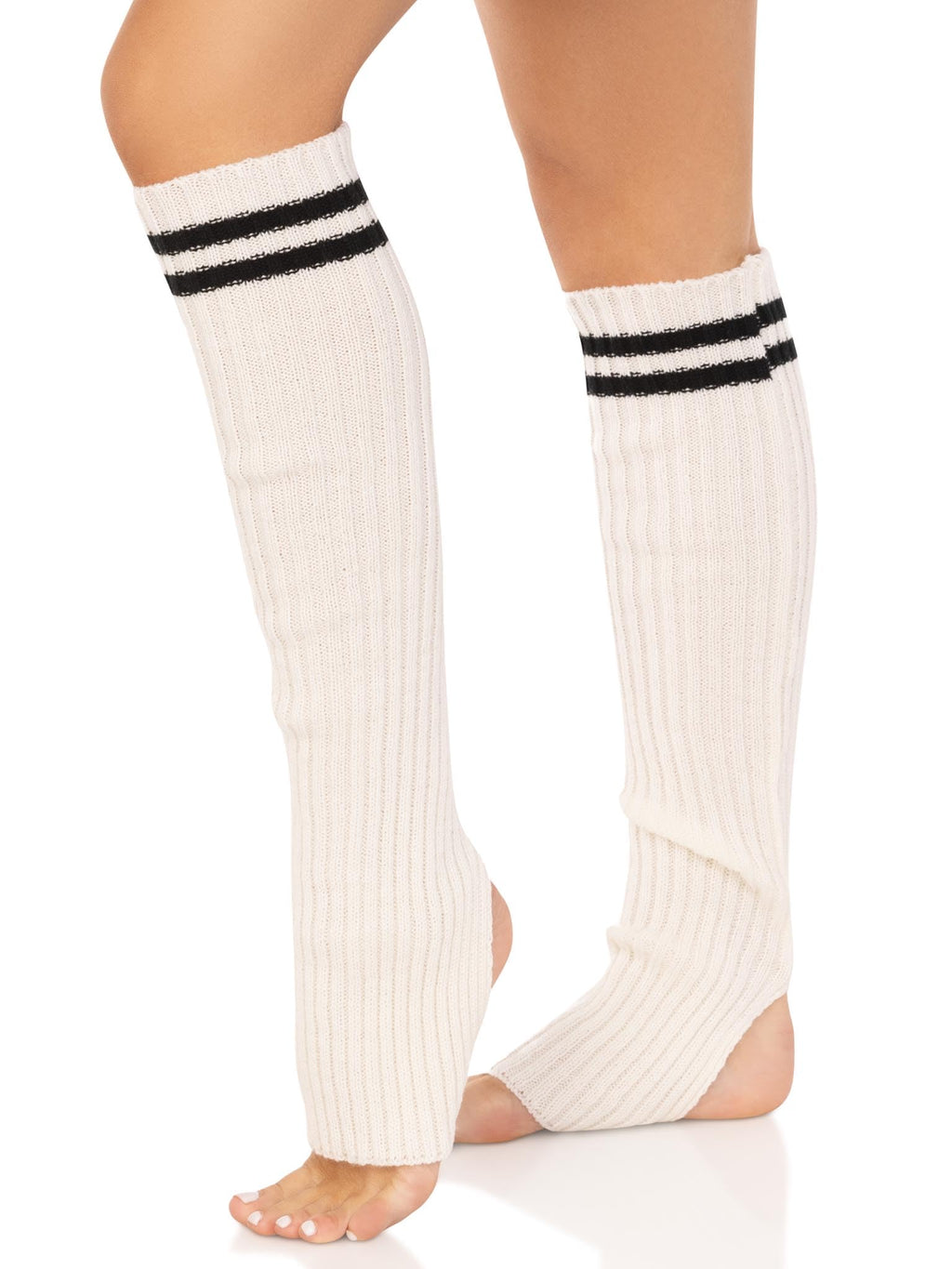 Ribbed Stirrup Leg Warmers With Athletic Stripe.