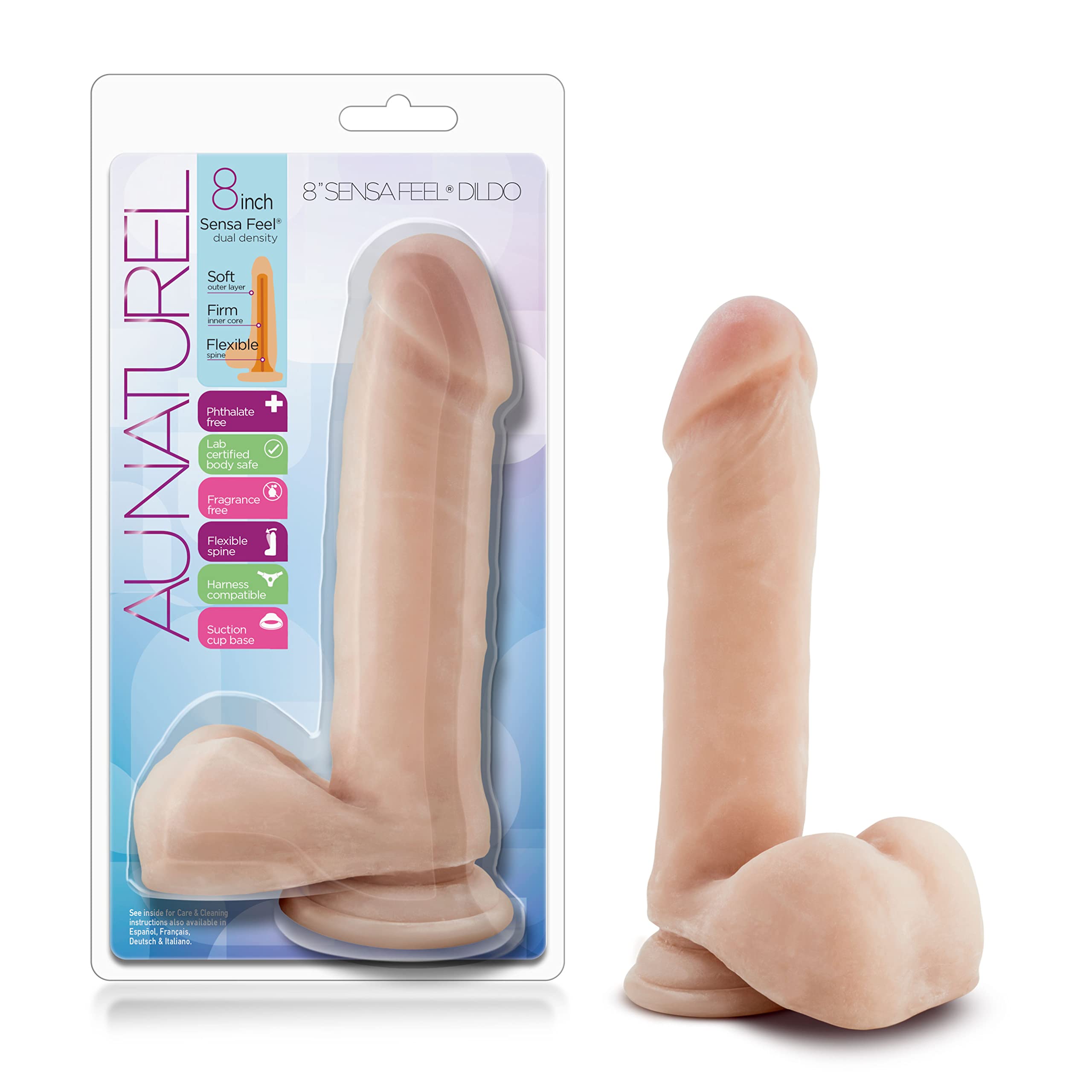 Blush Novelties Adult Sex Toys - Au Naturel Sensa Feel - Dual Density Realistic 8 Inch Dildo - Flexi Shaft Bendable Body - Sucti