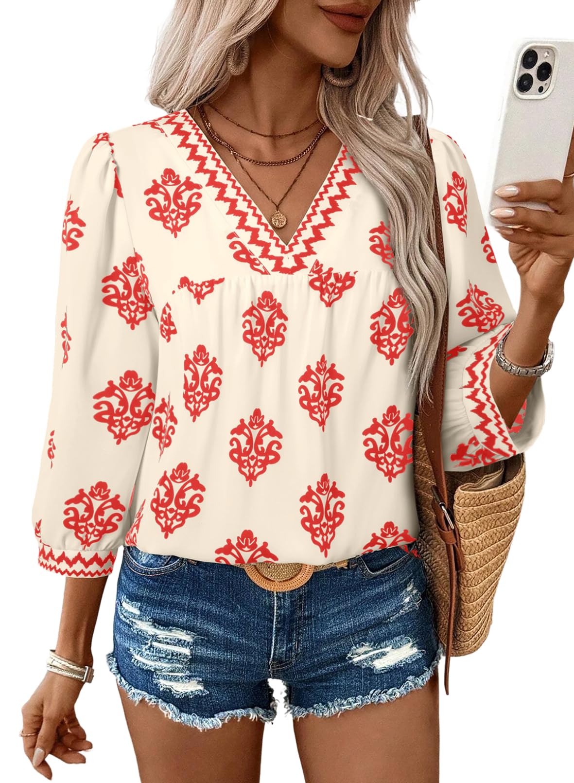SHEWIN Women Blouses 2026 Trendy Floral Print Casual V Neck Blouse Loose Fit Business Casual Boho Tops for Women Red Large