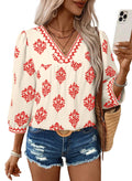 SHEWIN Womens Summer Tops 2026 Mid Length Sleeve Shirts V Neck Floral Blouse Flowy Spring Tops for Women Blouses Red Medium