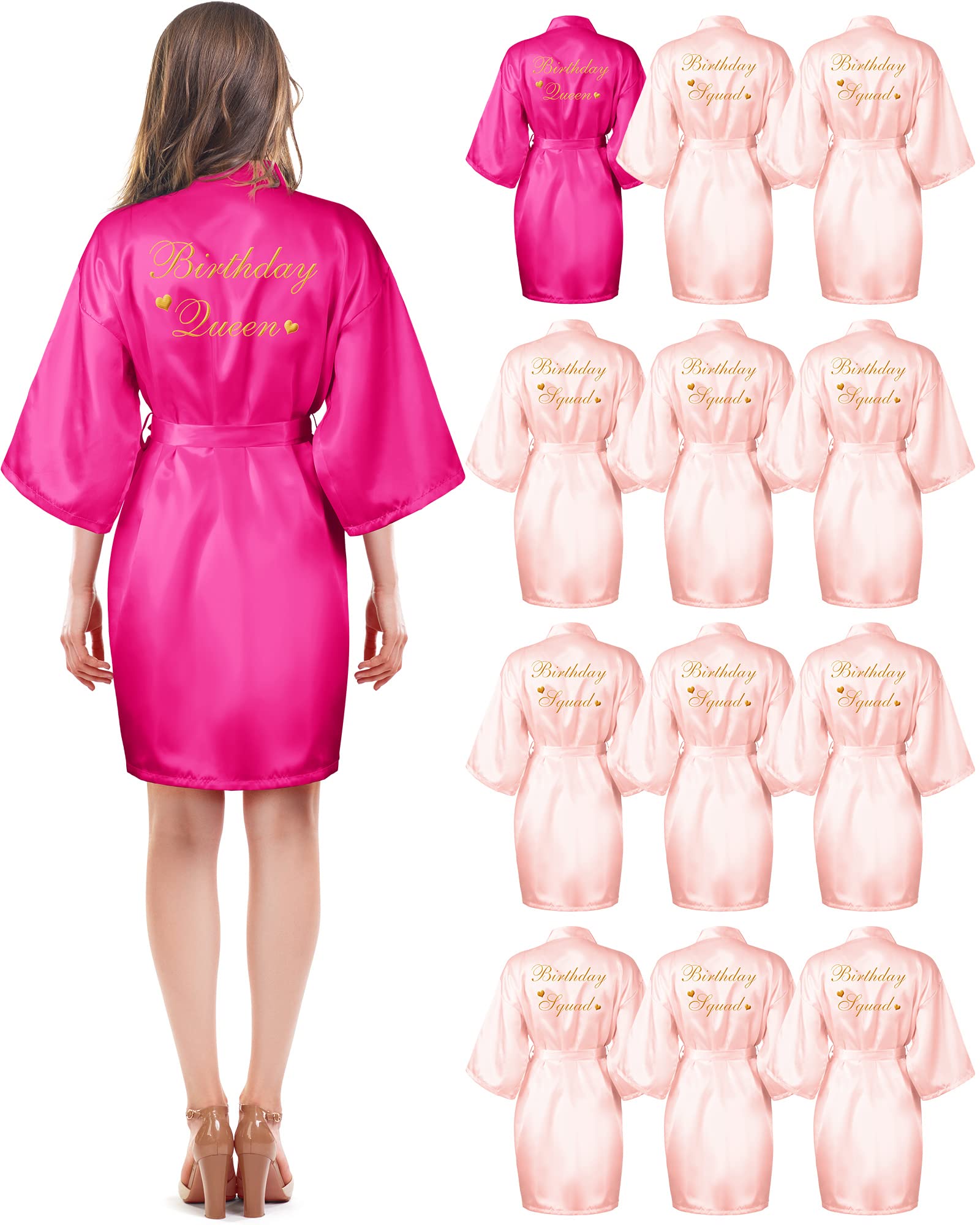 Hicarer 12 Pcs Womens Birthday Party Robes Gold Glitter Queen Squad Kimono Silky Nightgown Satin Bathrobes Dressing Gown (Rose 