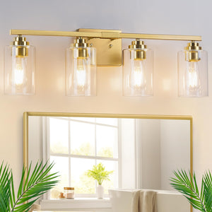 4-Light Bathroom Light Fixtures, 27'' Modern Vanity Lights Over Mirror With Clear Glass Shades, Gold Wall Sconce, Classic Wall L