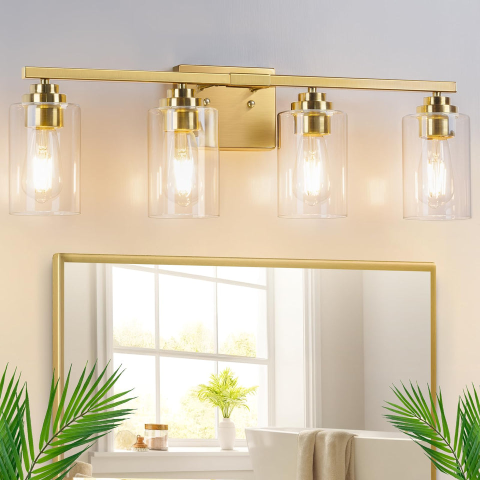 4-Light Bathroom Light Fixtures, 27'' Modern Vanity Lights Over Mirror With Clear Glass Shades, Gold Wall Sconce, Classic Wall L