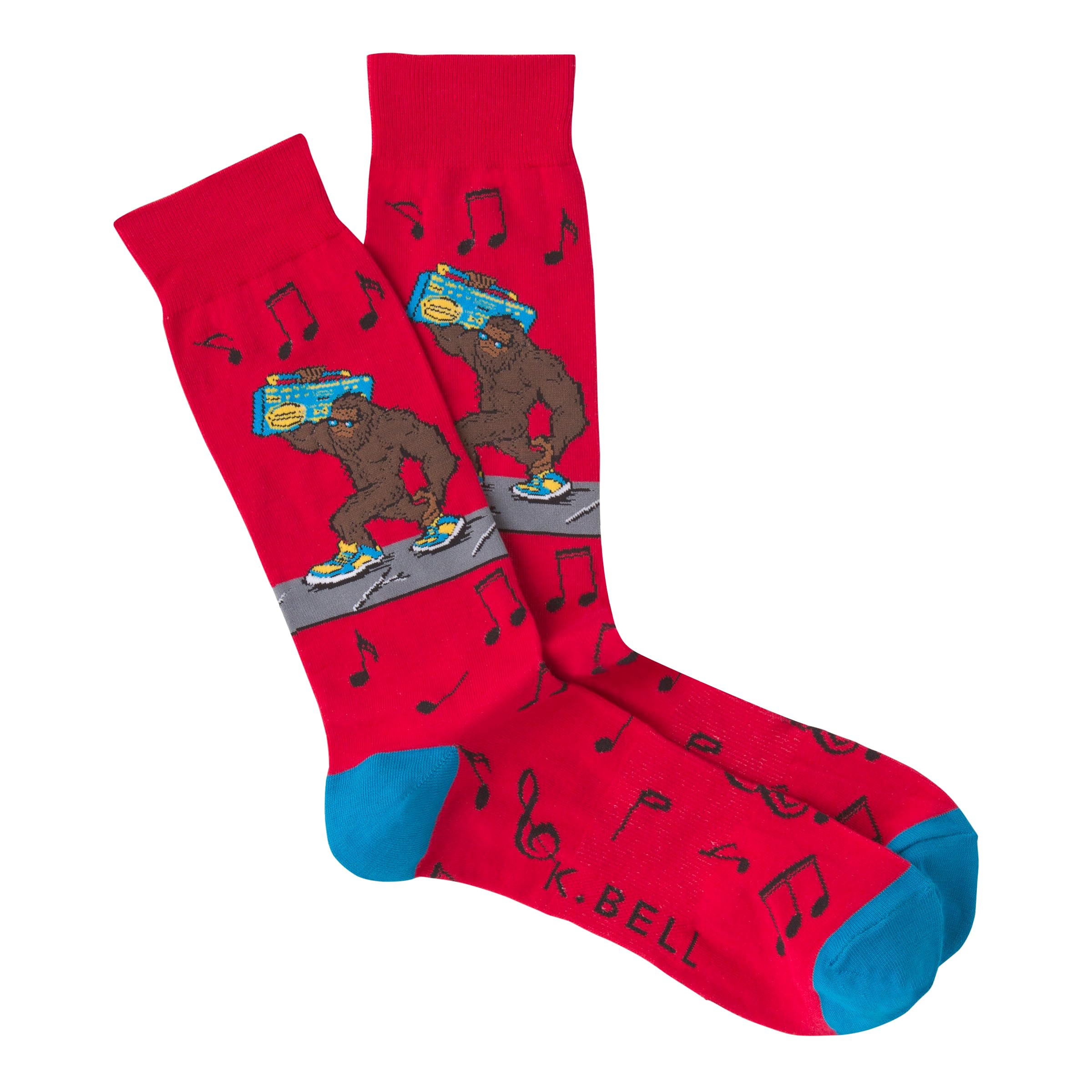 K. Bell Socks Mens Animal Novelty Crew Socks, Red (Bigfoot Boombox), Shoe Size: 6-12
