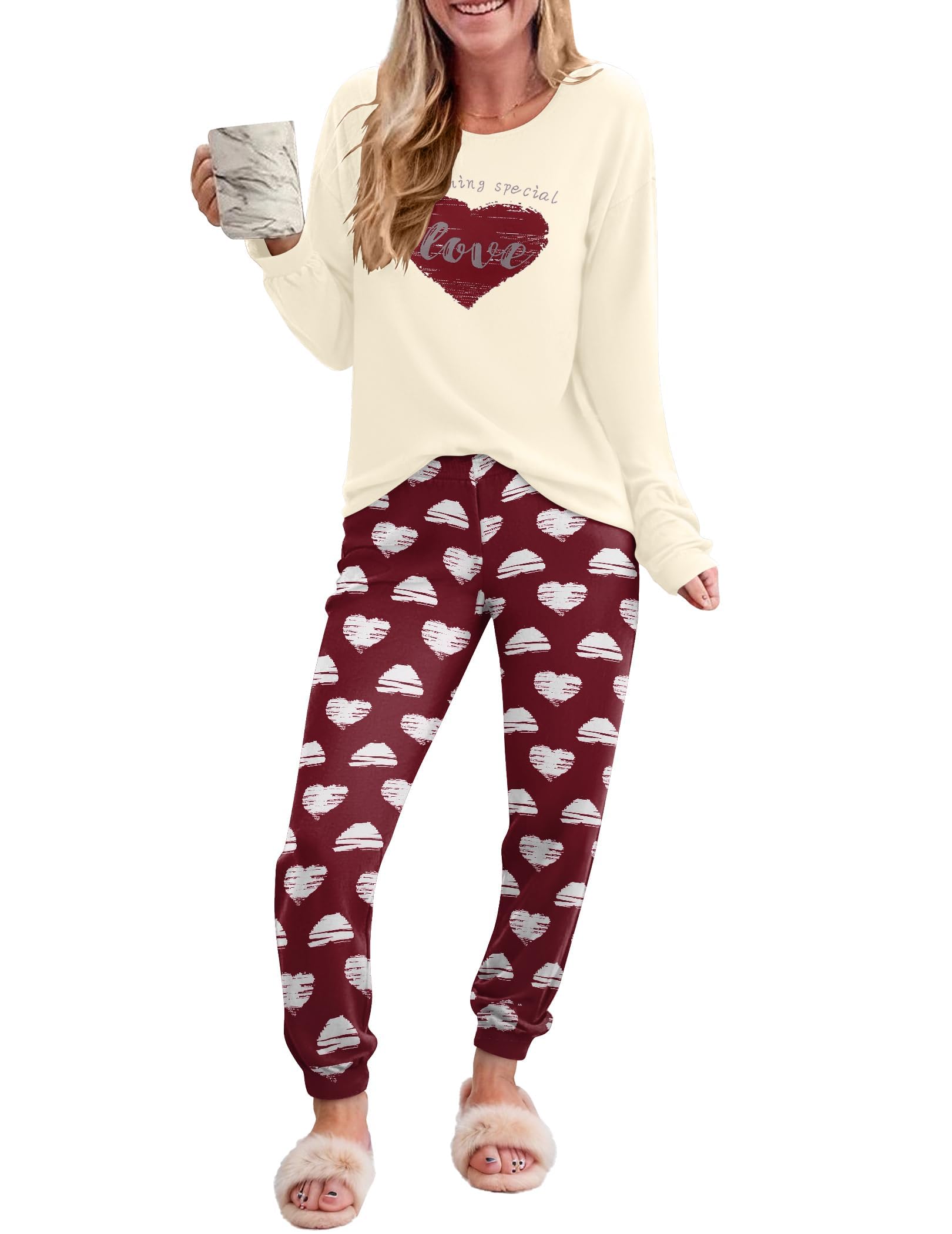 Ekouaer Womens Pajama Sets Long Sleeve Print Sleepwear Soft Pjs Casual Pullover Tops Joggers Pants with Pockets Red Heart S