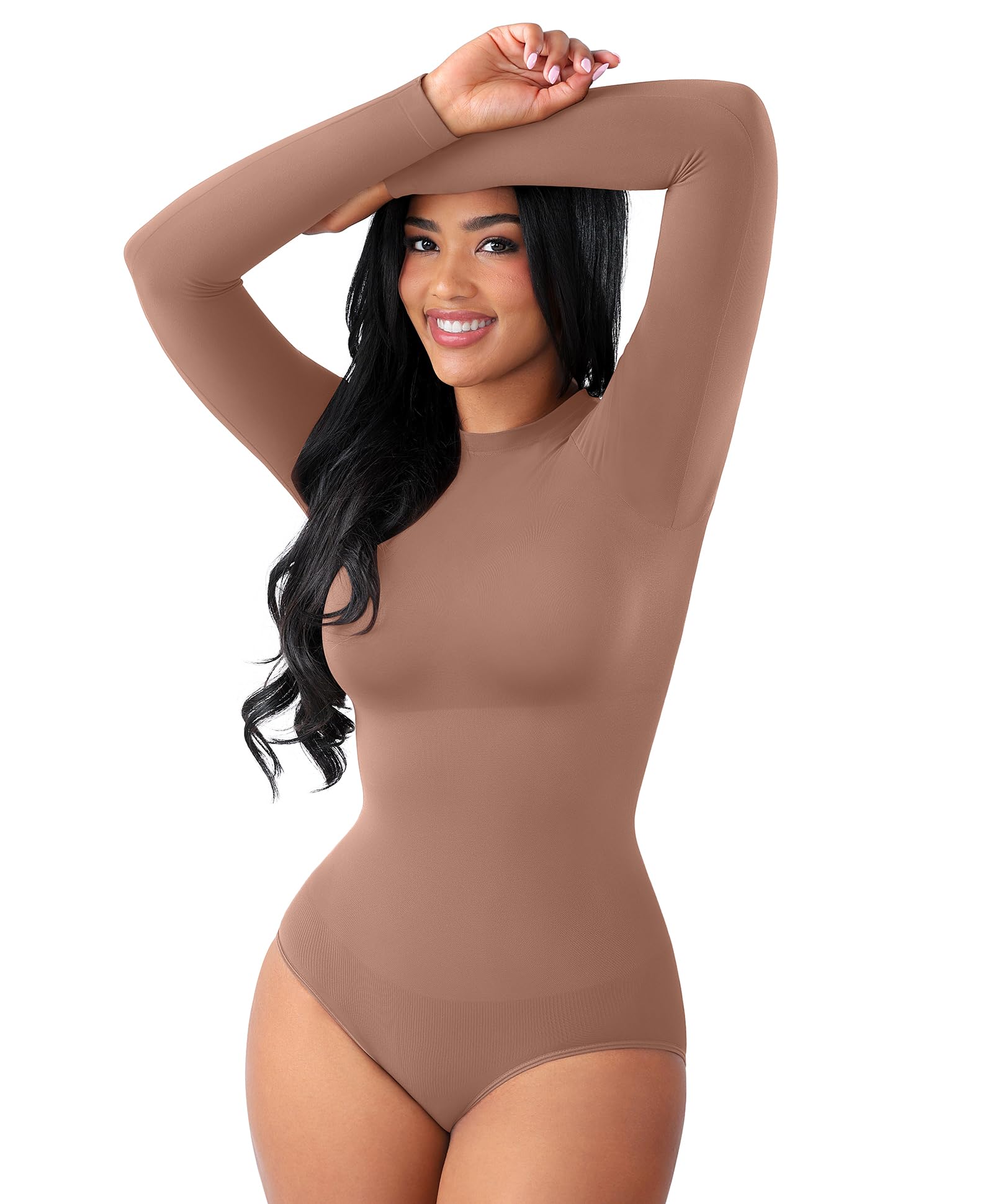 FeelinGirl Shapewear Body Suit High Neck Bodysuits Long Sleeve Body Suits Basic BodySuit T Shirts Mocha Brown X-Large-XX-Large