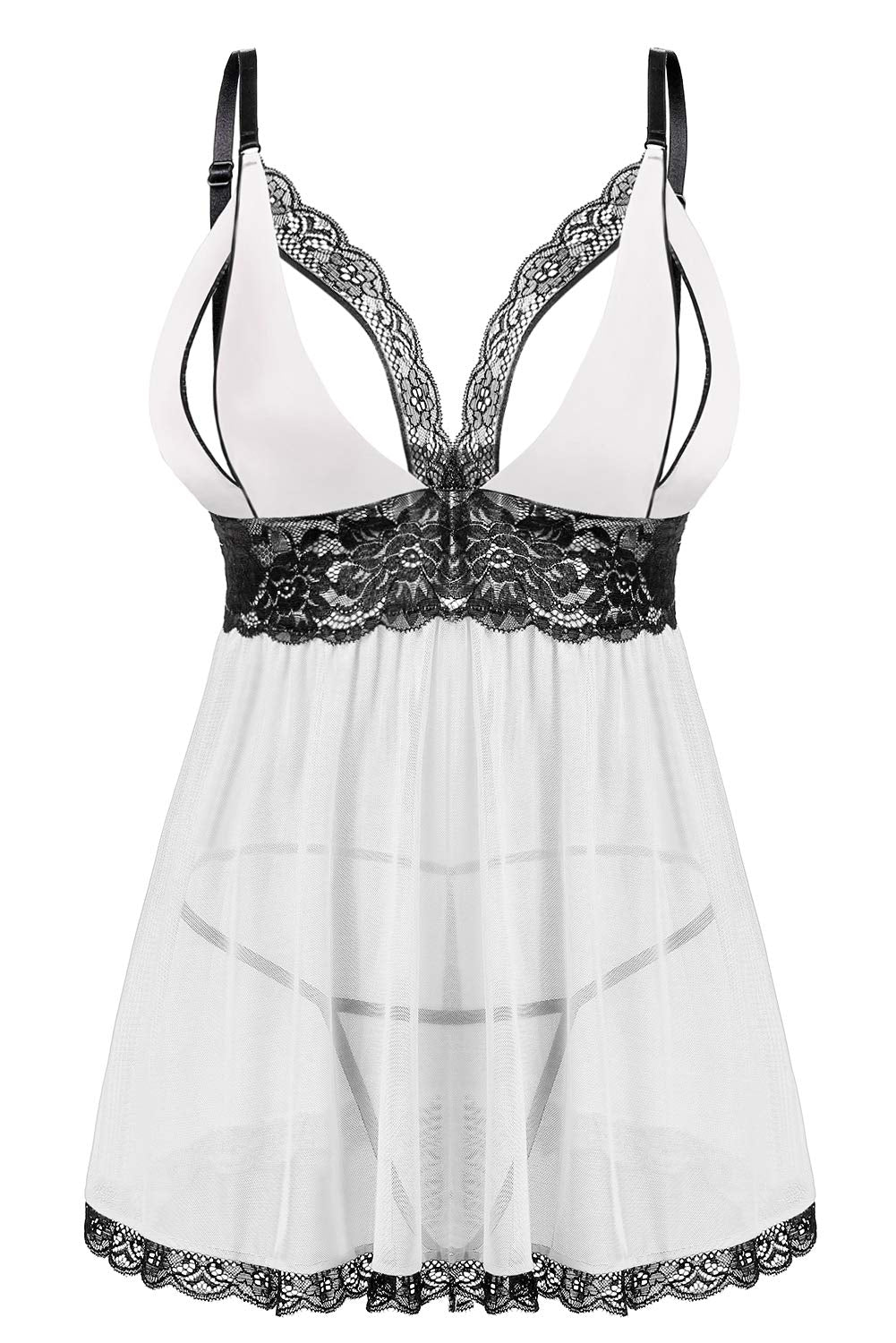 Donnalla Women Plus Size Lingerie - Sexy Split Cup Lace Babydoll Sleepwear Chemise Set 2XL,3XL,4XL White