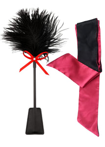 Sex Tickler for Adults Bedroom, Feather Tickler for Spanking and Play, Adjustable Satin Sex Blindfold Mask Red 59'' Set