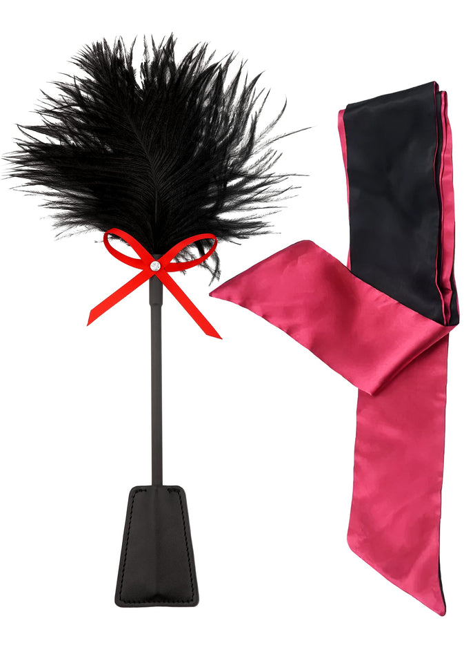 Sex Tickler for Adults Bedroom, Feather Tickler for Spanking and Play, Adjustable Satin Sex Blindfold Mask Red 59'' Set
